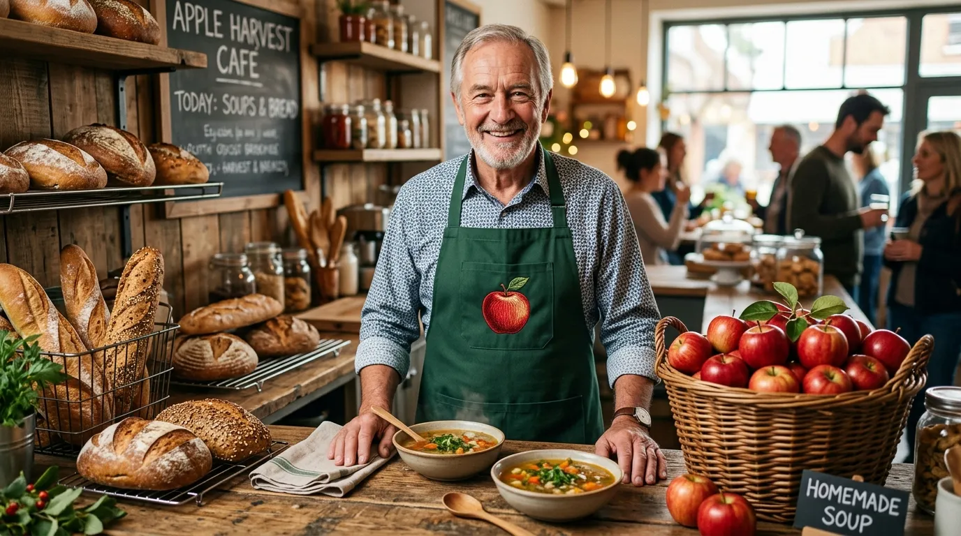 Older Elias smiling in his green apron, serving bread and apples at the community kitchen