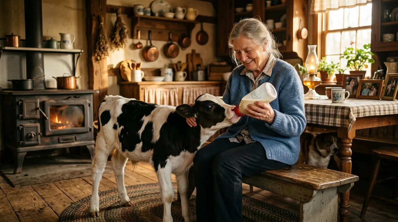 Warm flashback of a kind woman bottle-feeding a baby calf in a farmhouse kitchen.