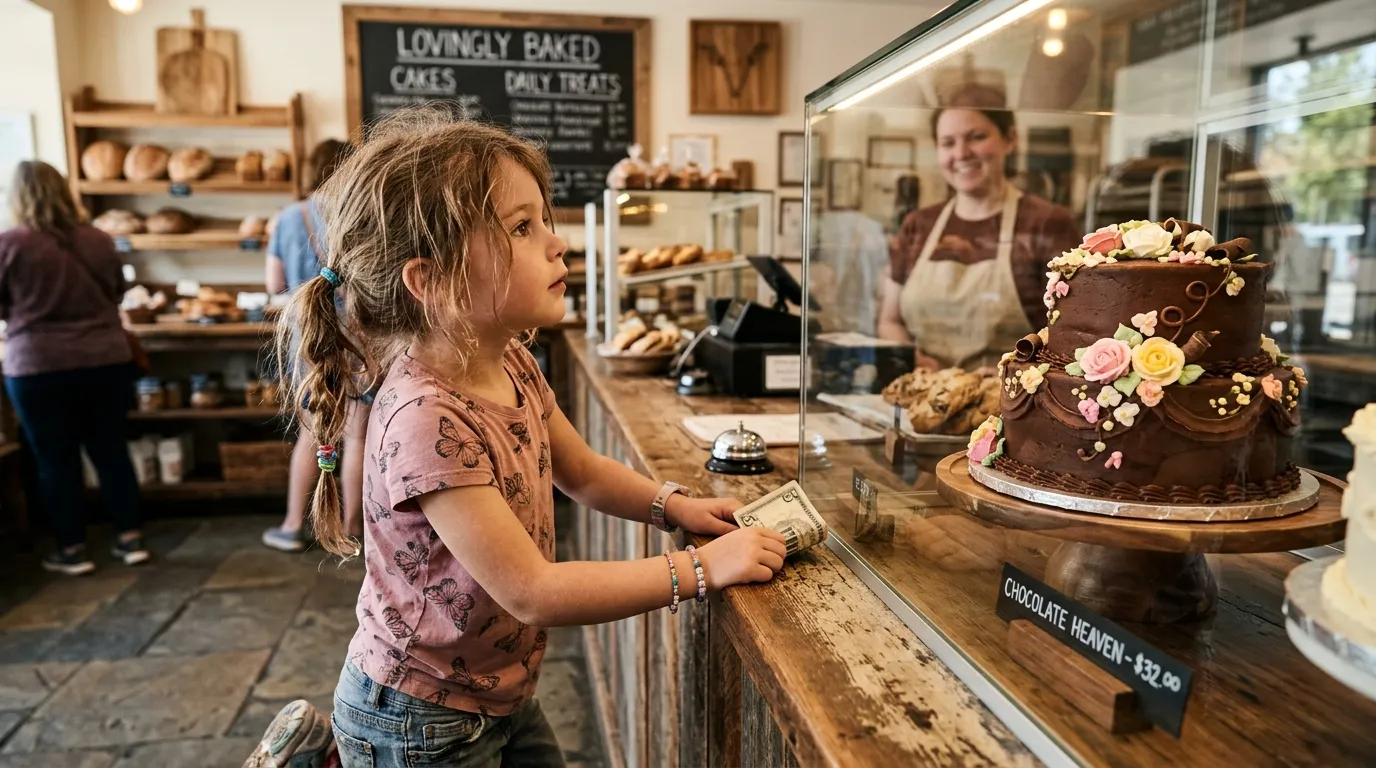 A six-year-old girl holding a crumpled five-dollar bill looking at a chocolate cake in a bakery display case.