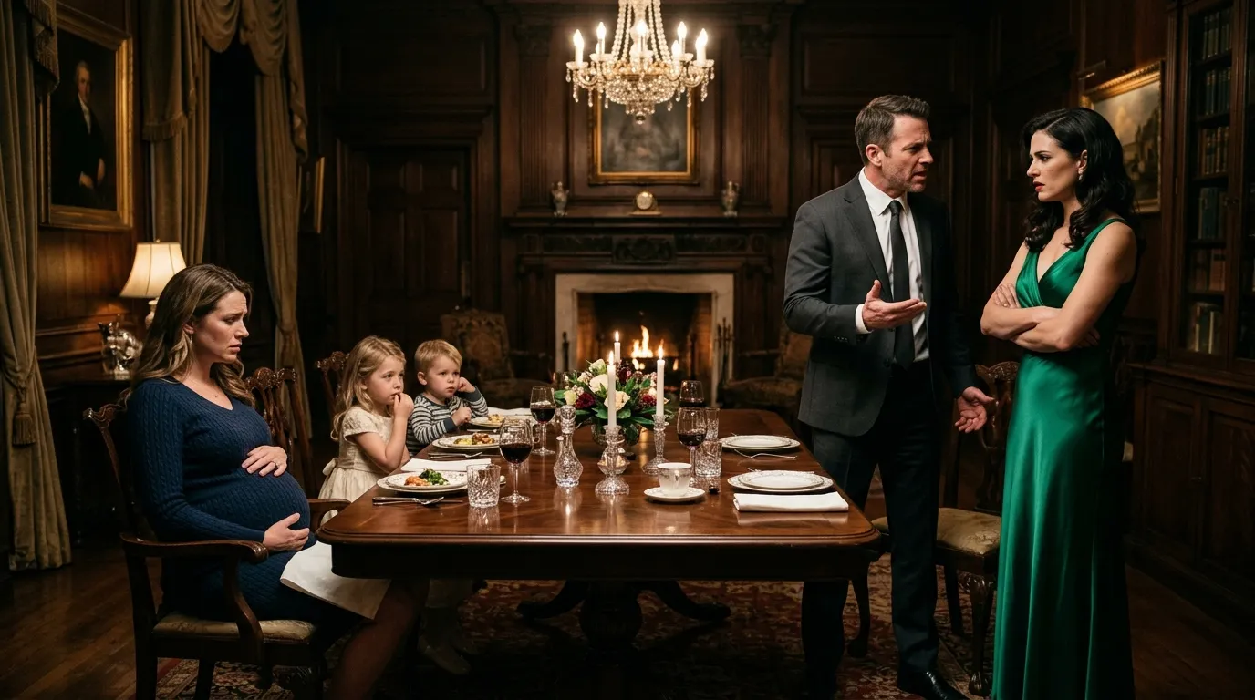 A tense family dinner interrupted by a man bringing his mistress