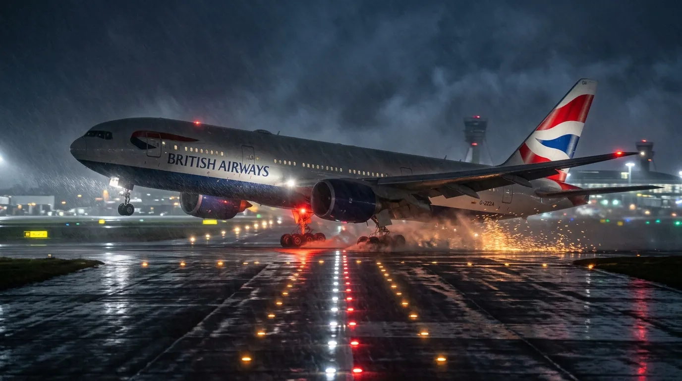 A commercial airliner landing on a wet runway at night in a storm, with sparks flying from the right landing gear.