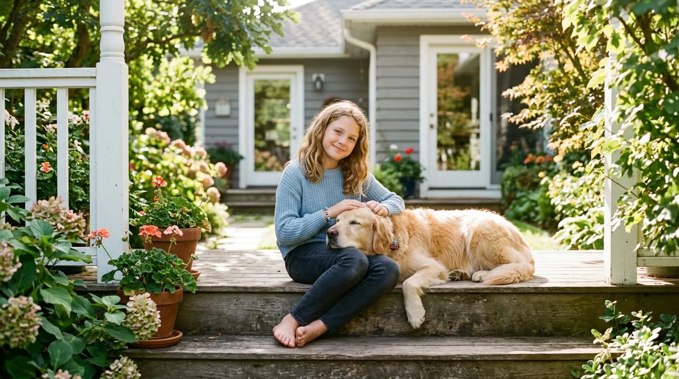 A young girl sitting on a porch smiling, with a Golden Retriever resting its head in her lap
