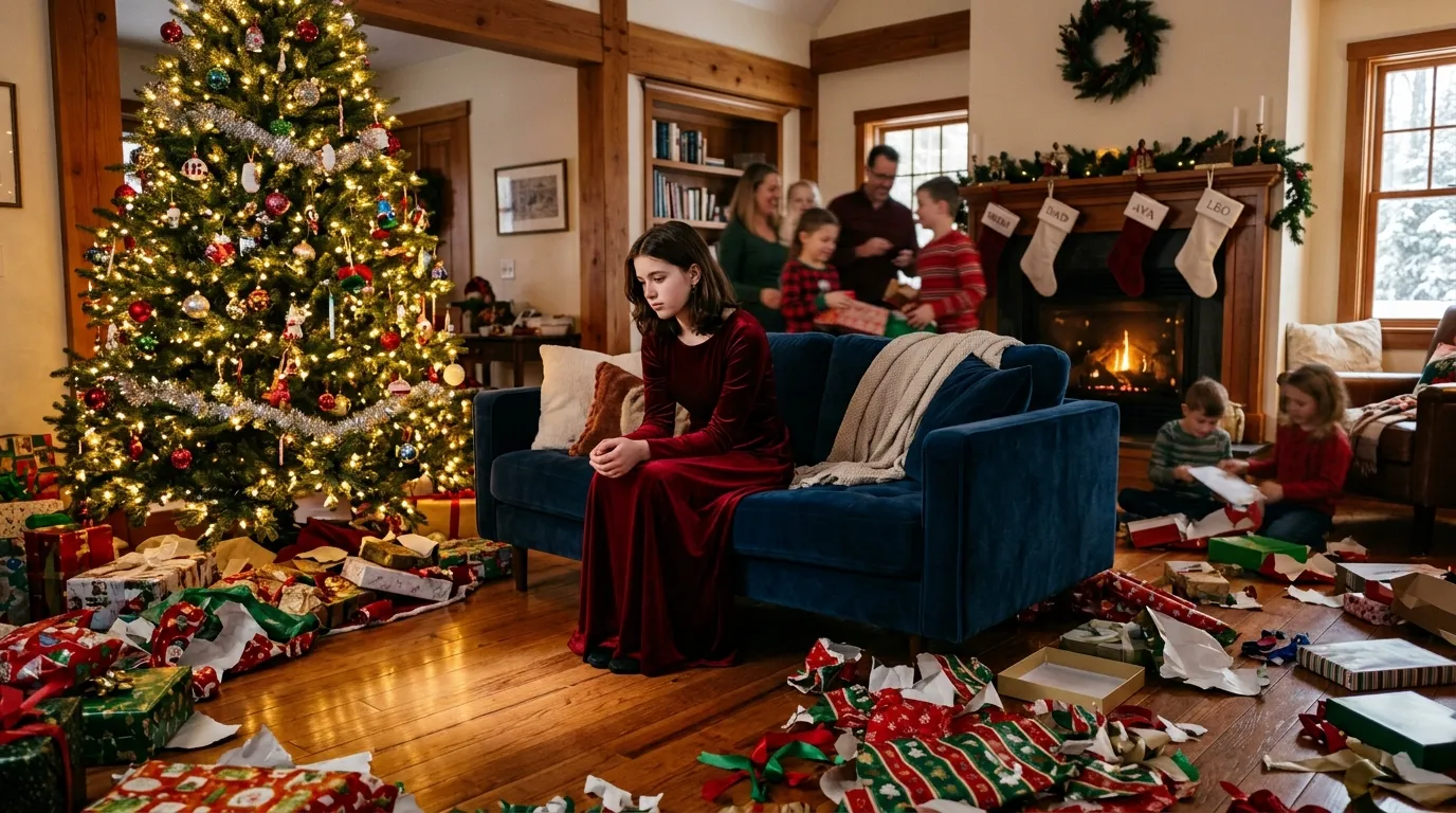 A teenage girl in a red velvet dress sitting quietly on a couch, staring at an empty space under a Christmas tree while relatives open gifts.