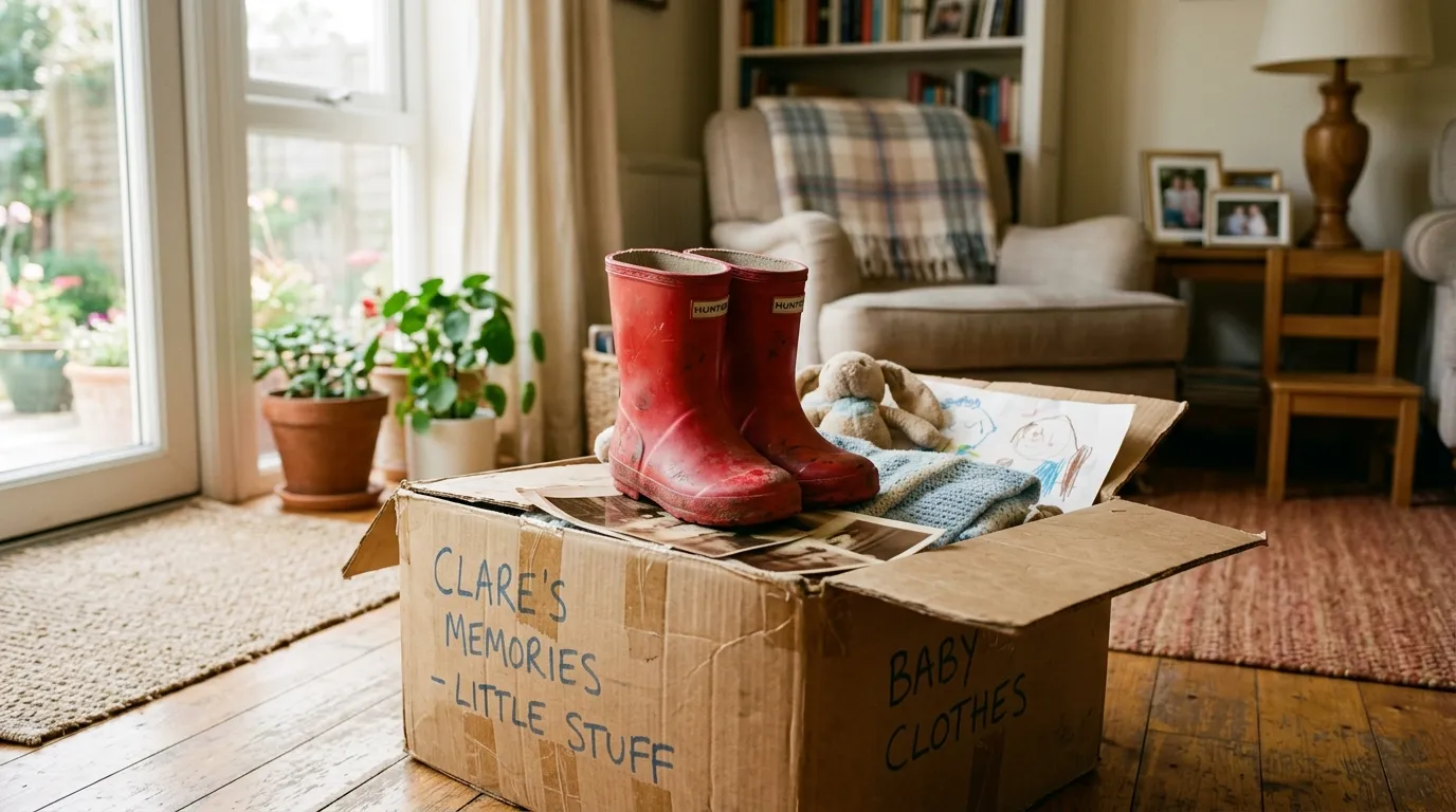 A pair of red toddler rain boots sitting in a cardboard box