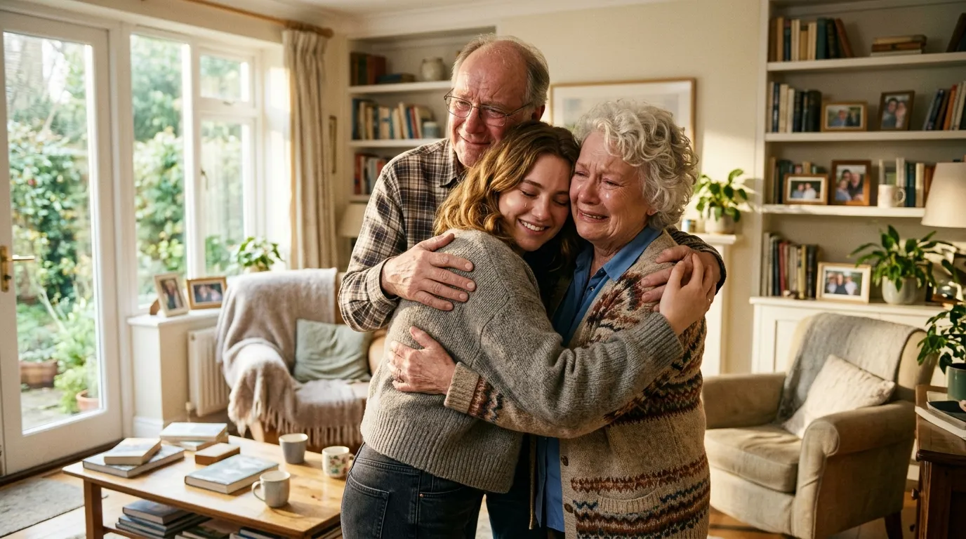 A young woman being warmly embraced by her biological parents in a bright, sunny room.