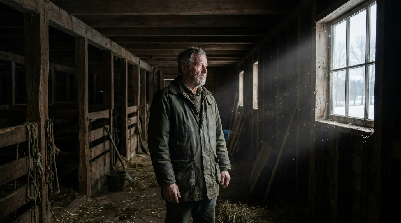 Elderly farmer standing alone in an empty, dimly lit wooden barn.