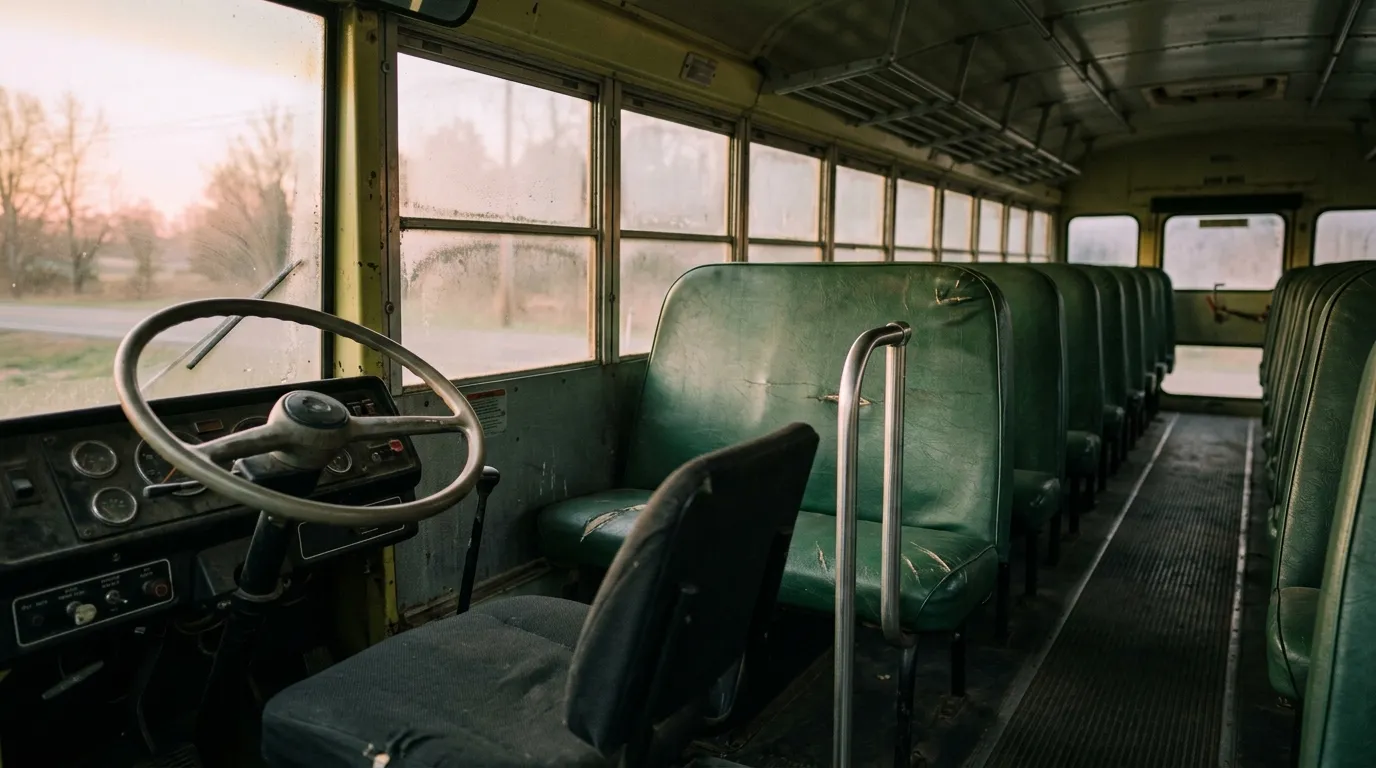 An empty green vinyl seat on a school bus illuminated by morning light
