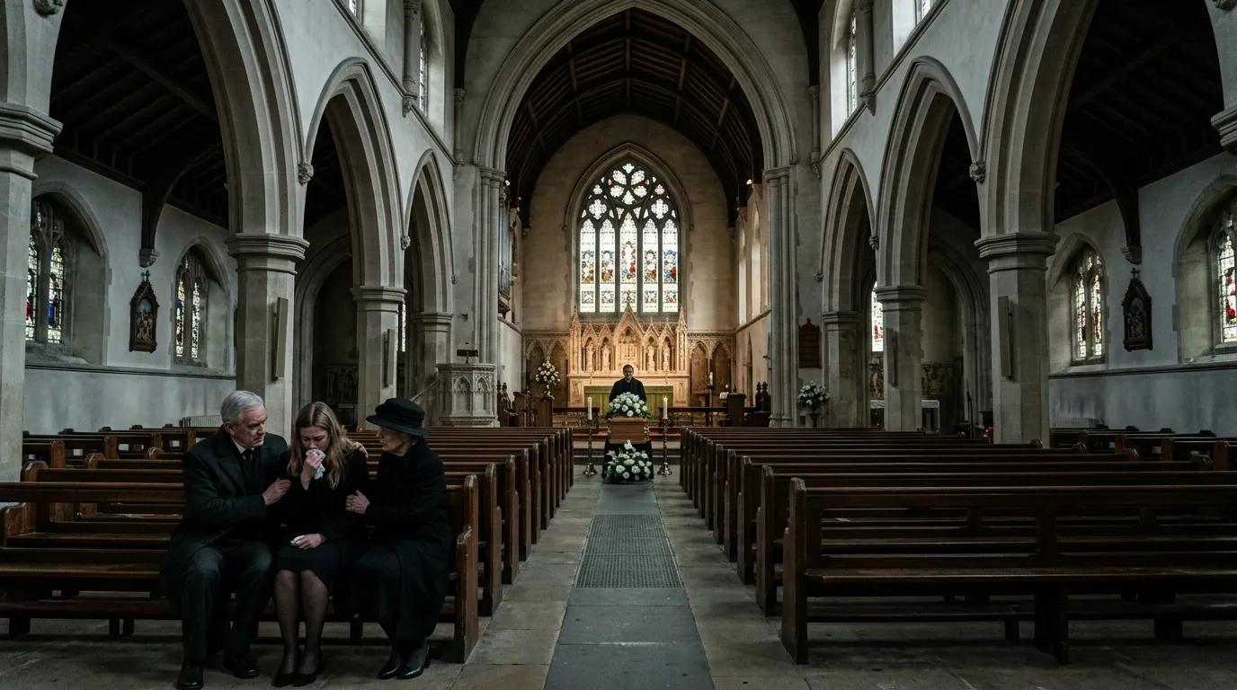 A wide shot of a church interior during a funeral, showing one side filled with mourners and the other side hauntingly empty