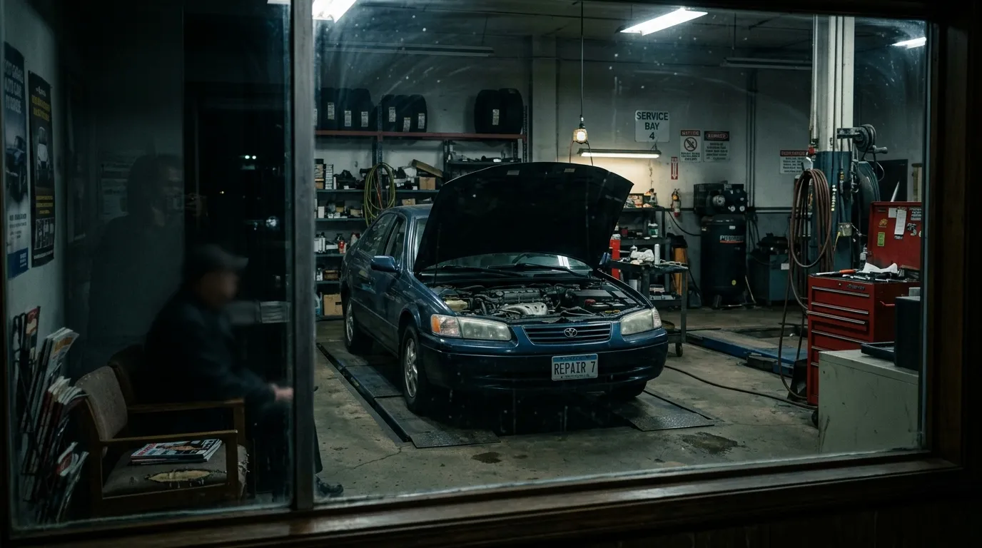 An auto repair service bay seen through a window, a car sits still with its hood open