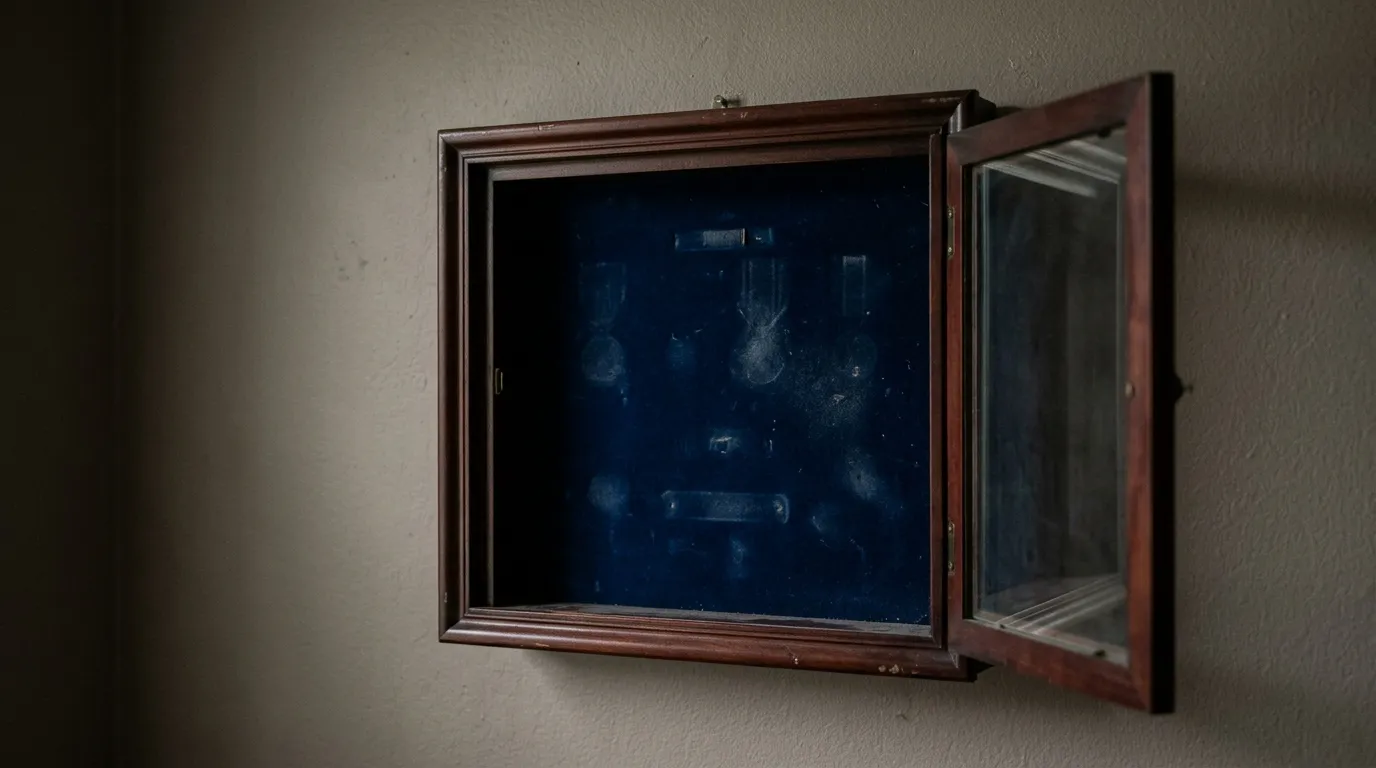 An empty wooden military display case on a wall
