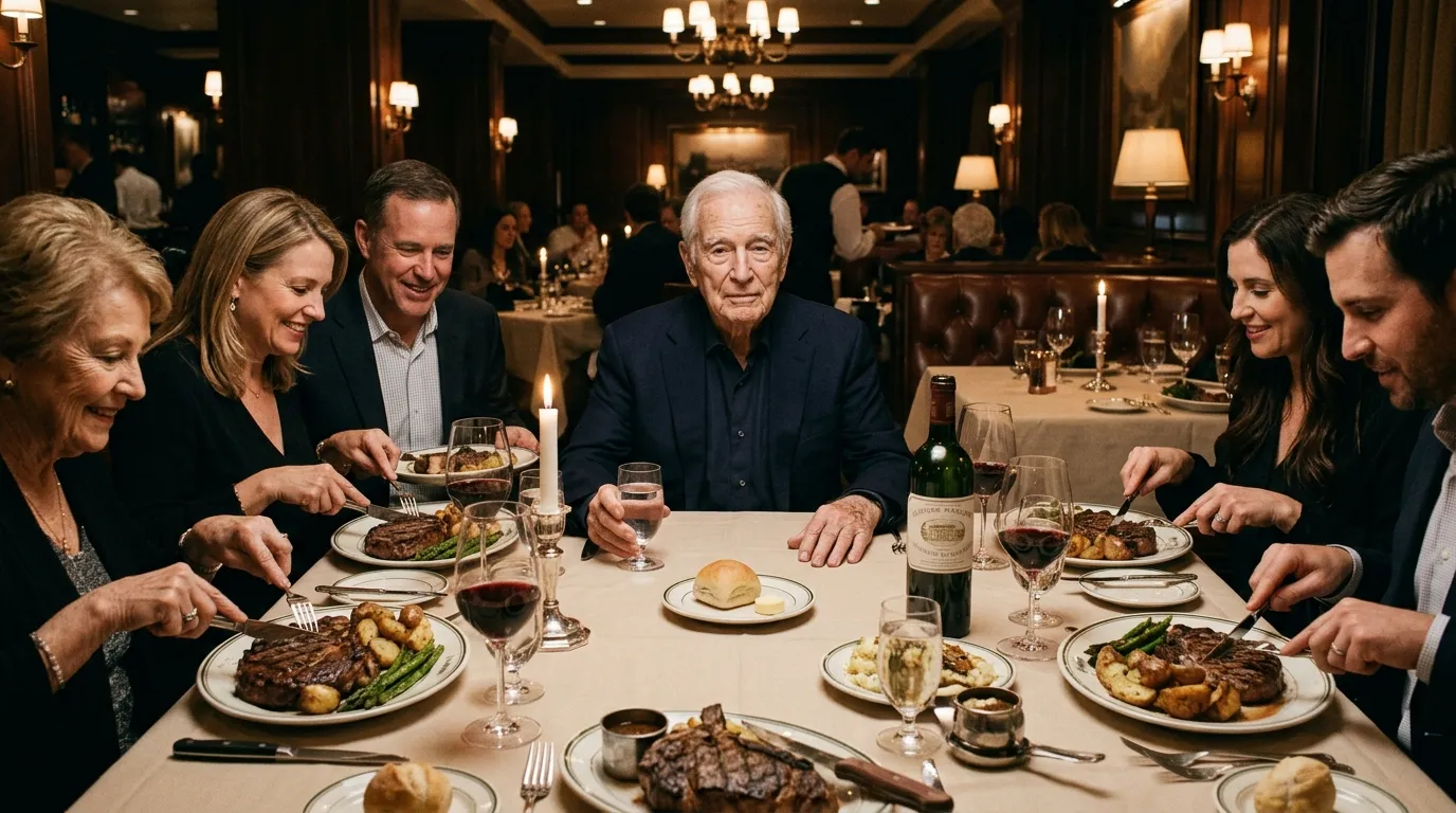 An elderly man sitting at a fancy steakhouse with only a bread roll while others eat lavish meals