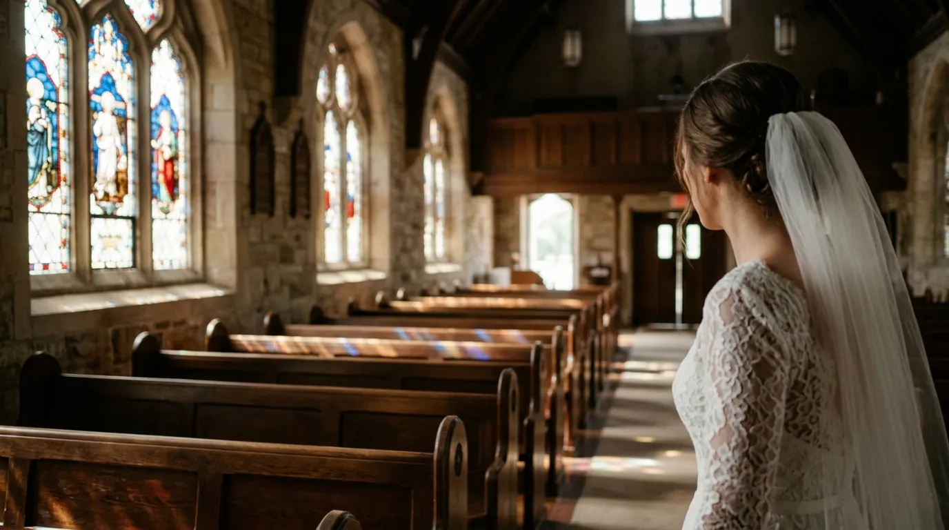 Empty front row pews at a wedding chapel