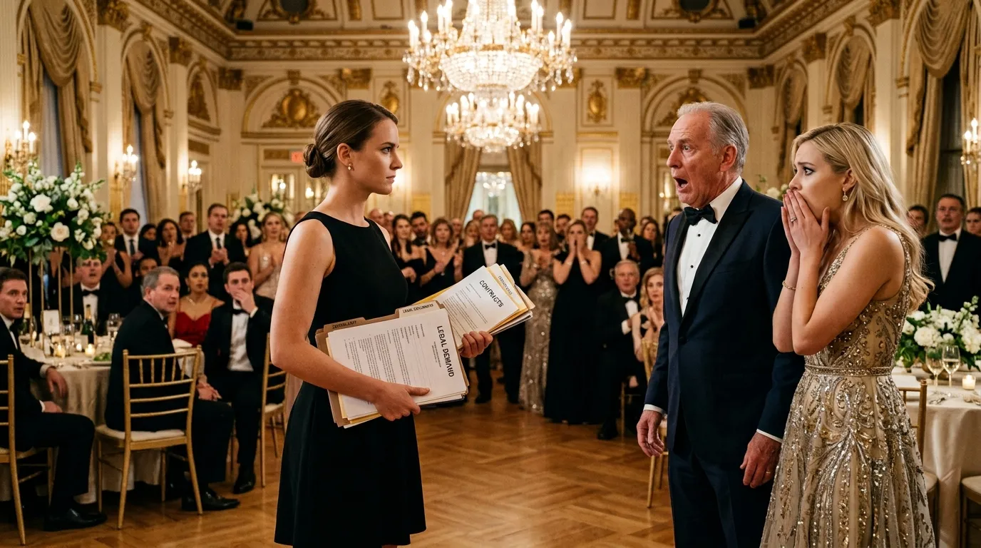 A confident young woman in a black dress confronting an older man and a young woman in an elegant ballroom, holding legal documents.