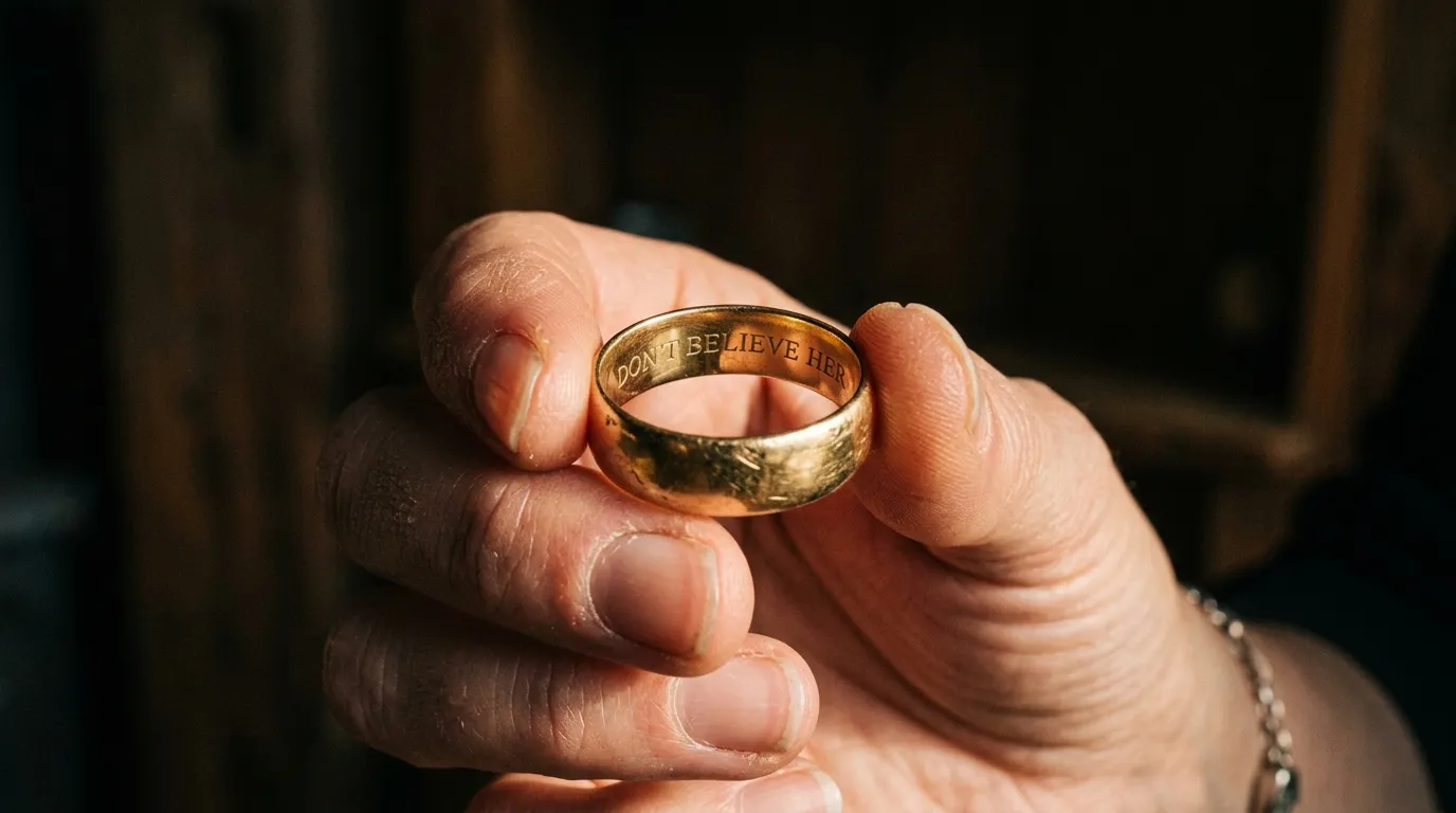 A worn gold wedding ring with an engraving inside catching the sunlight