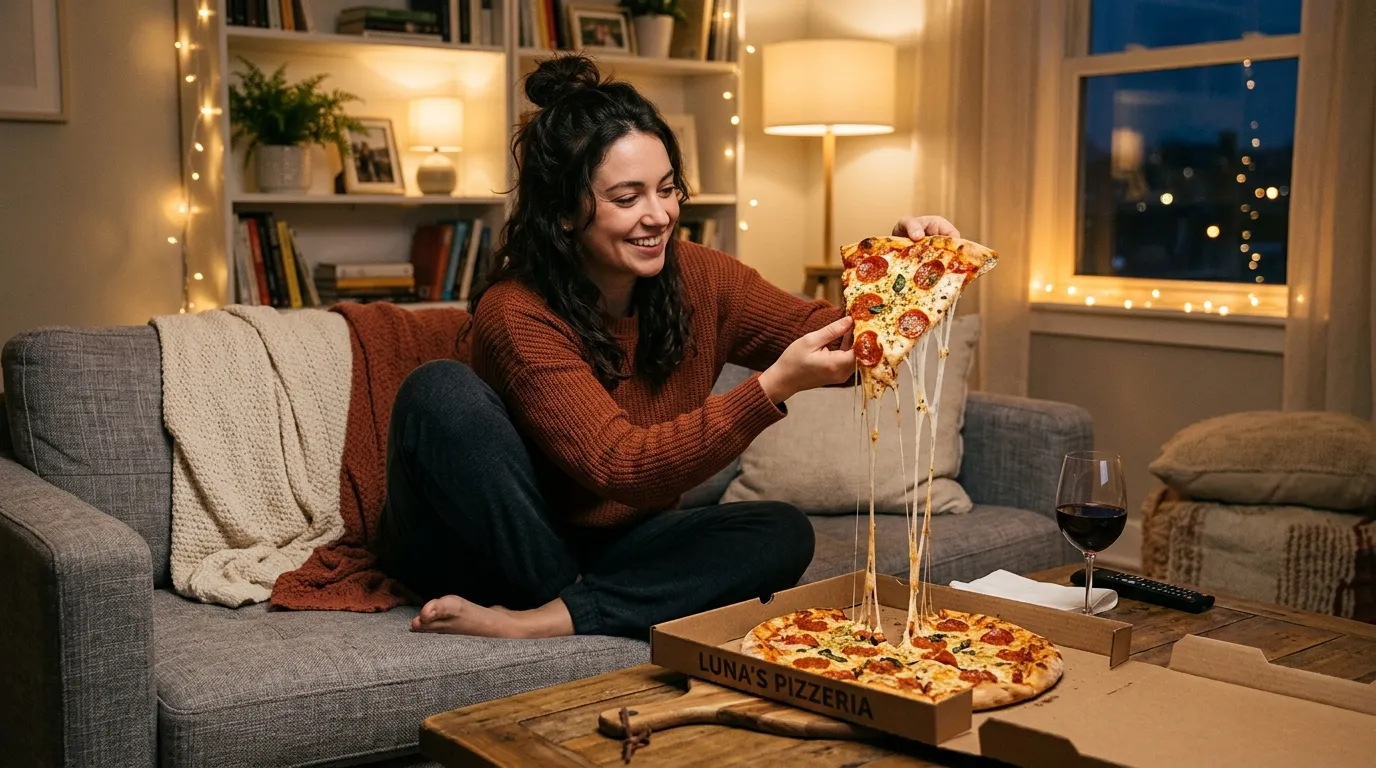 Person happily eating a slice of bubbly pizza on a couch