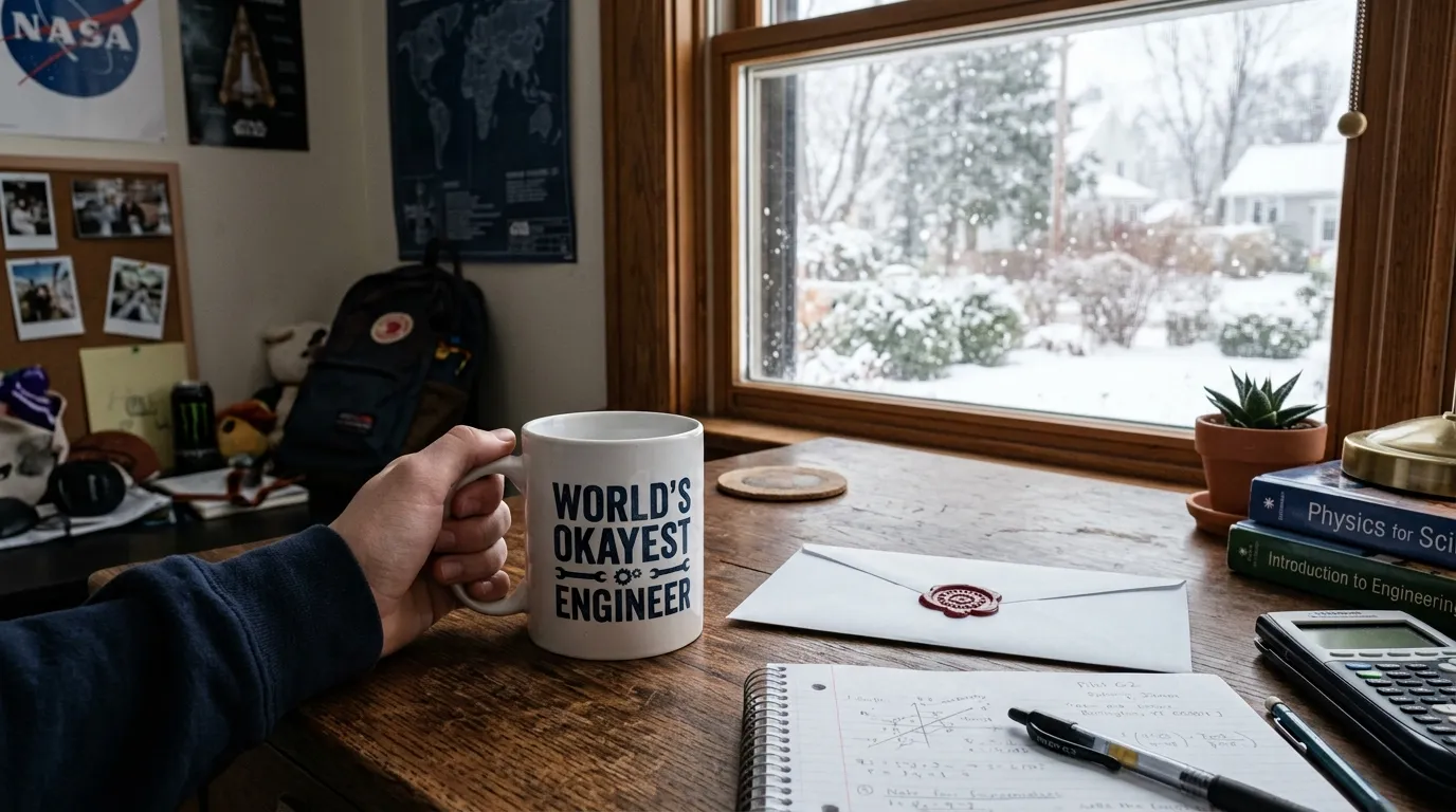 A wooden desk featuring a novelty mug that reads WORLD'S OKAYEST ENGINEER sitting next to a closed white envelope, with snow falling outside the window.