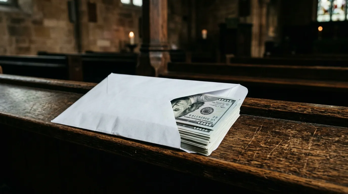 Thick white envelope opened to reveal hundred-dollar bills resting on a wooden pew