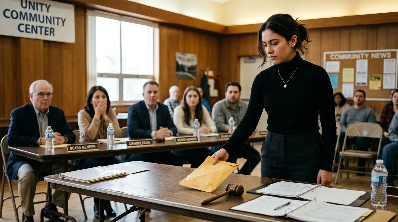 A teenage girl placing a crumpled envelope of cash on a board meeting table