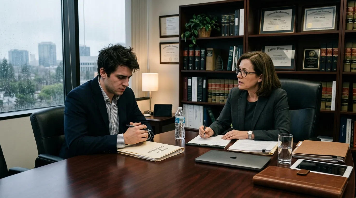 A tense young man sitting in an estate attorney's office during a gray afternoon.