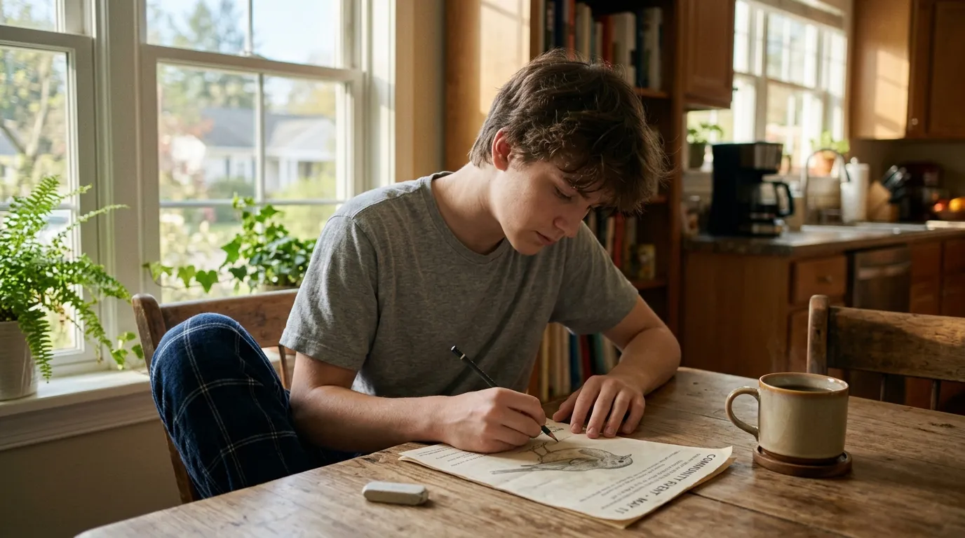 A teenage boy sketching a bird at a sunlit kitchen table