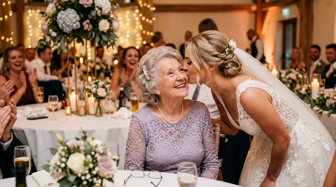 A bride bending down to kiss her elderly grandmother who is wearing a lavender dress and a pearl clip