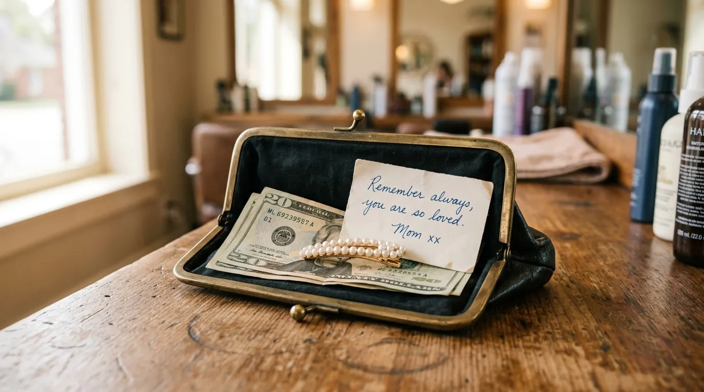 A vintage black purse holding three twenty-dollar bills and a pearl hair clip on top of a handwritten note