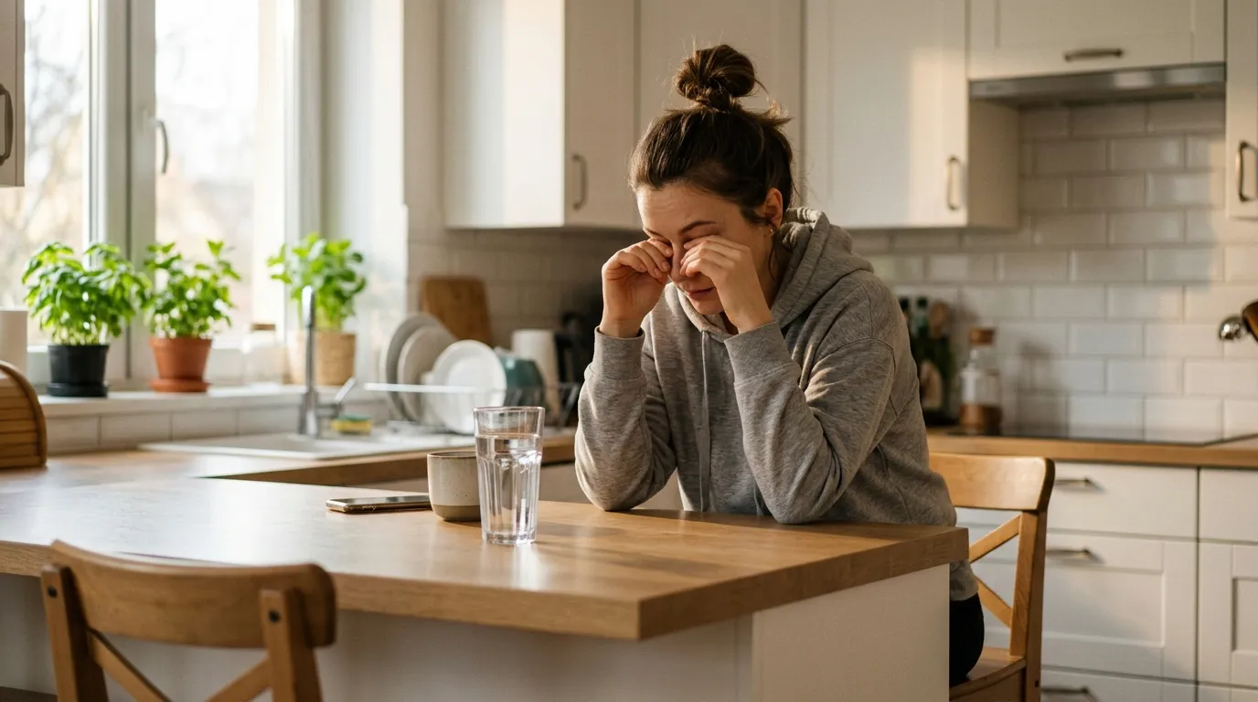 Exhausted person rubbing their eyes in the kitchen