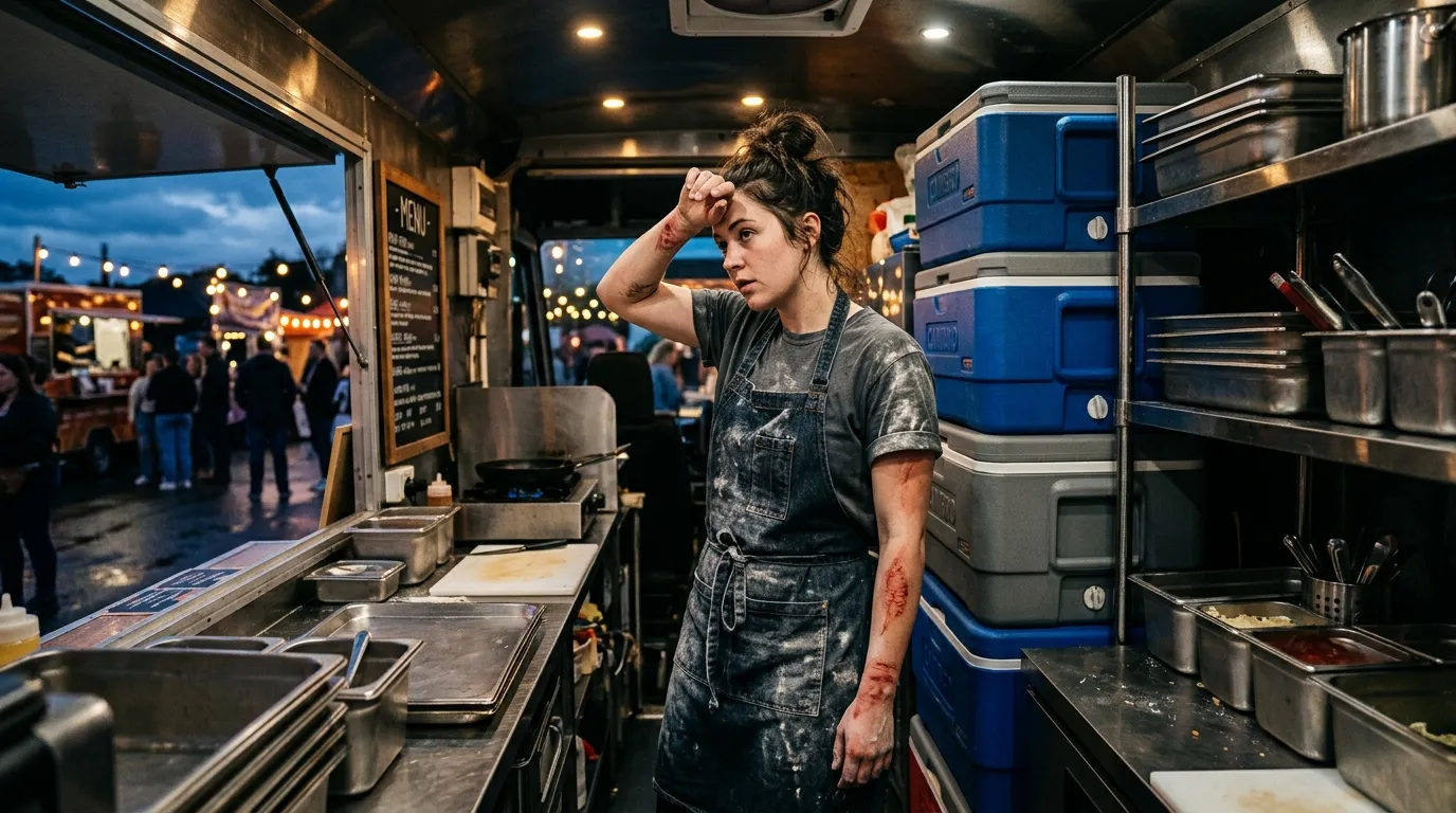 A tired female caterer standing next to large food coolers in a van