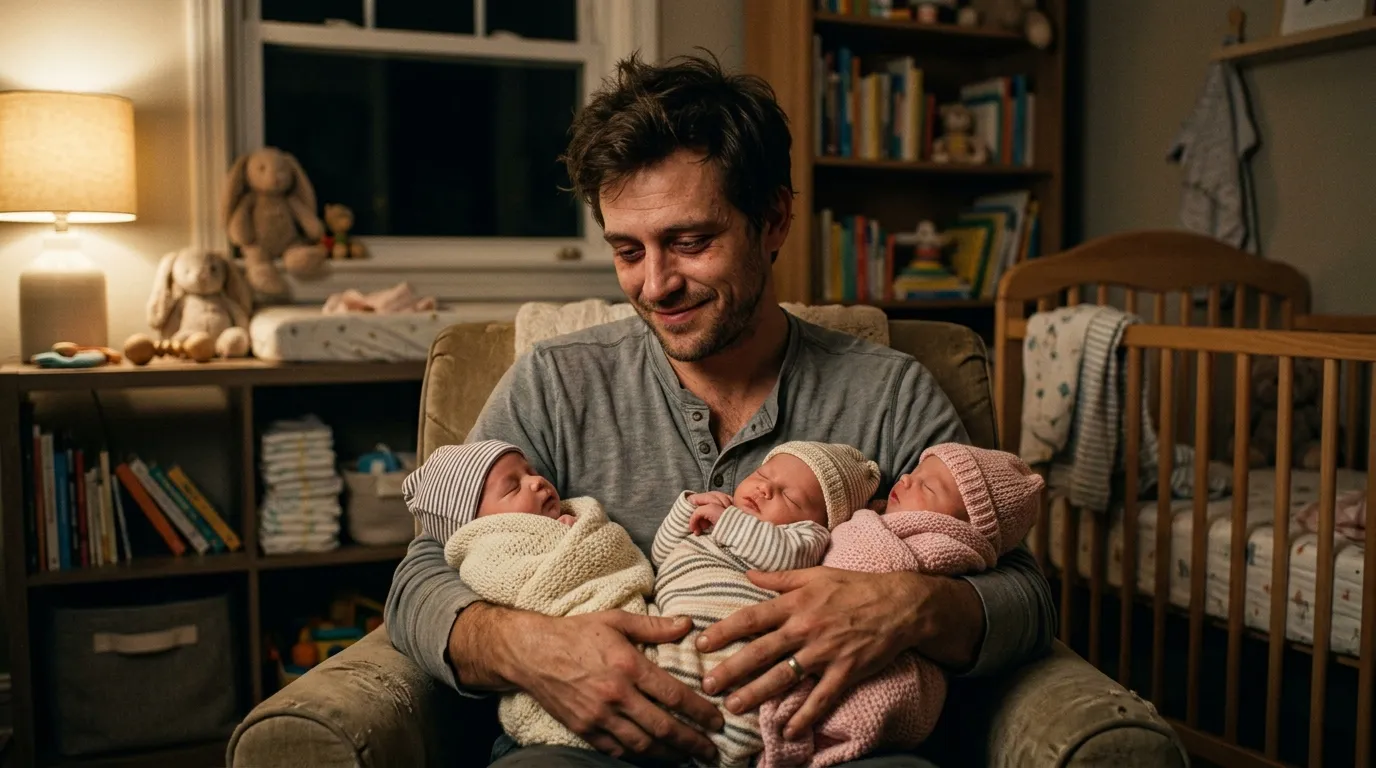A devoted father holding his three blind newborn daughters in a warmly lit nursery.