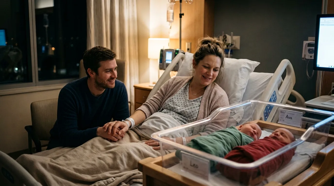 Exhausted mother looking at her newborn twins in a hospital room