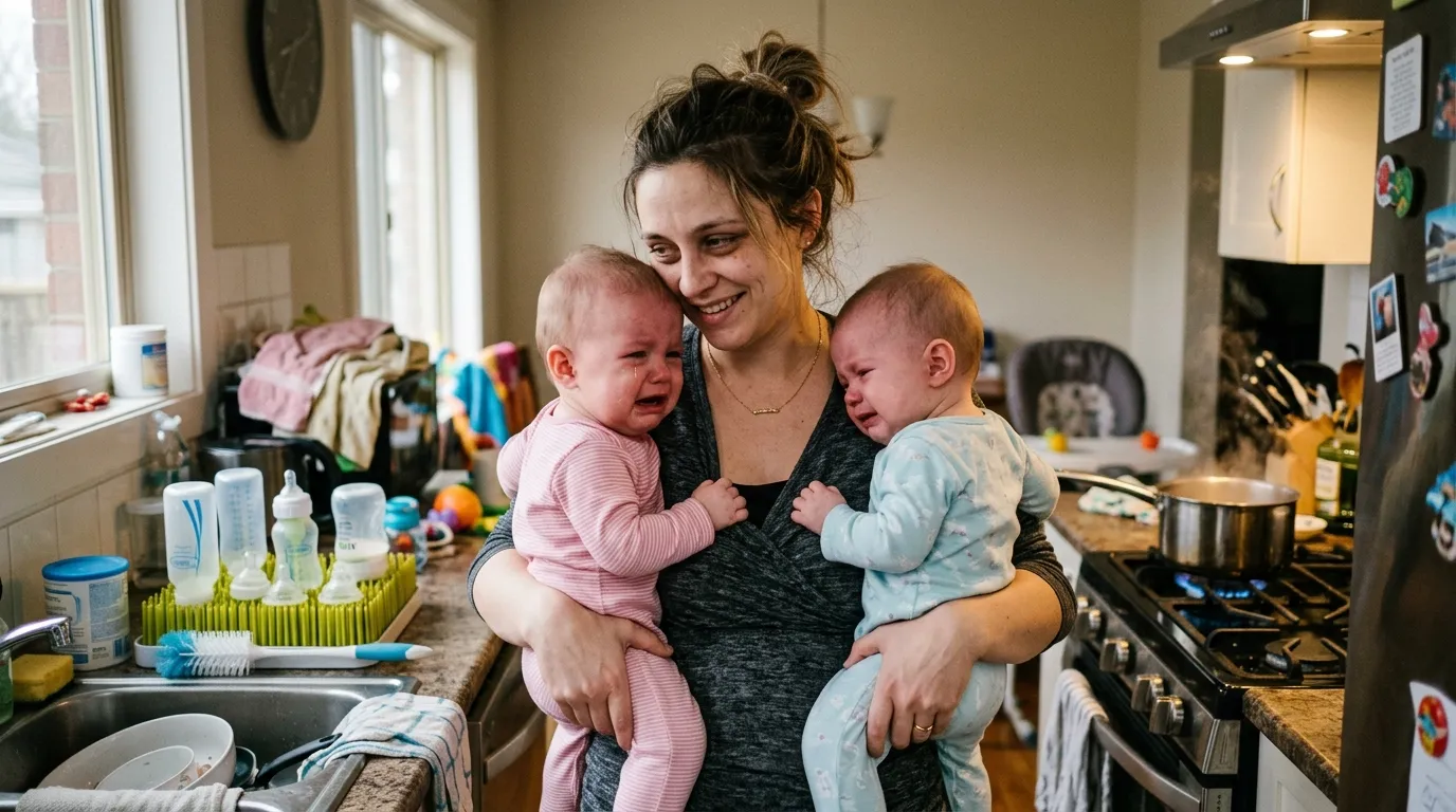An exhausted mother holding two crying babies in a messy kitchen