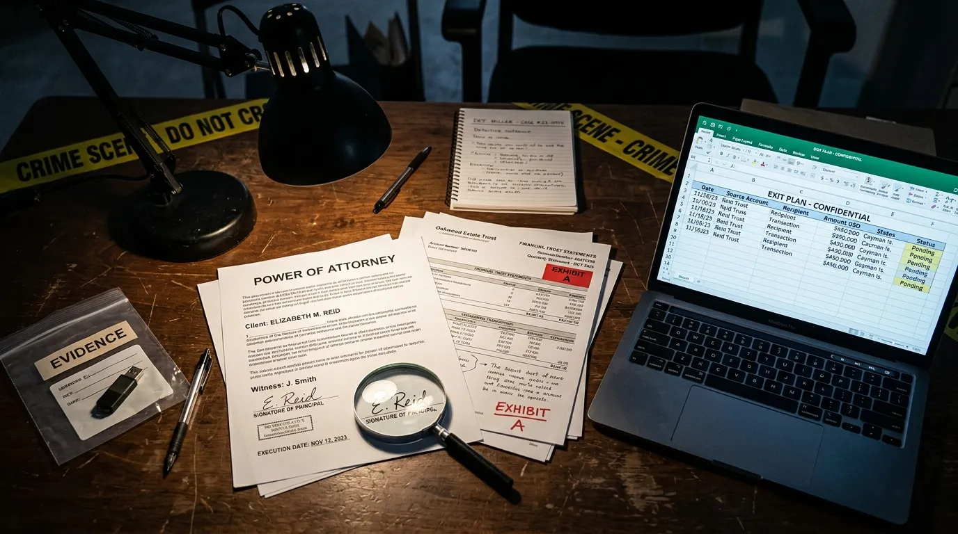 Desk with financial documents, a forged signature, and a laptop showing an Exit Plan spreadsheet.