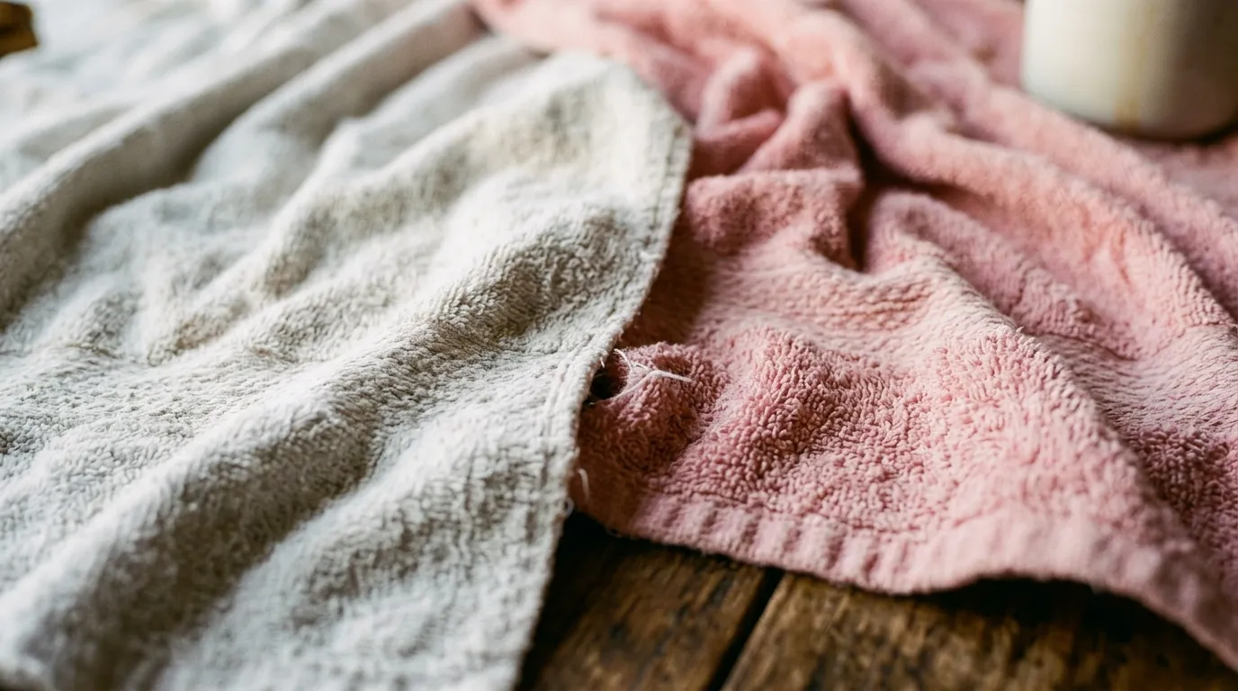 Two faded beach towels, one white and one pink, sitting on a wooden kitchen table in soft morning light.