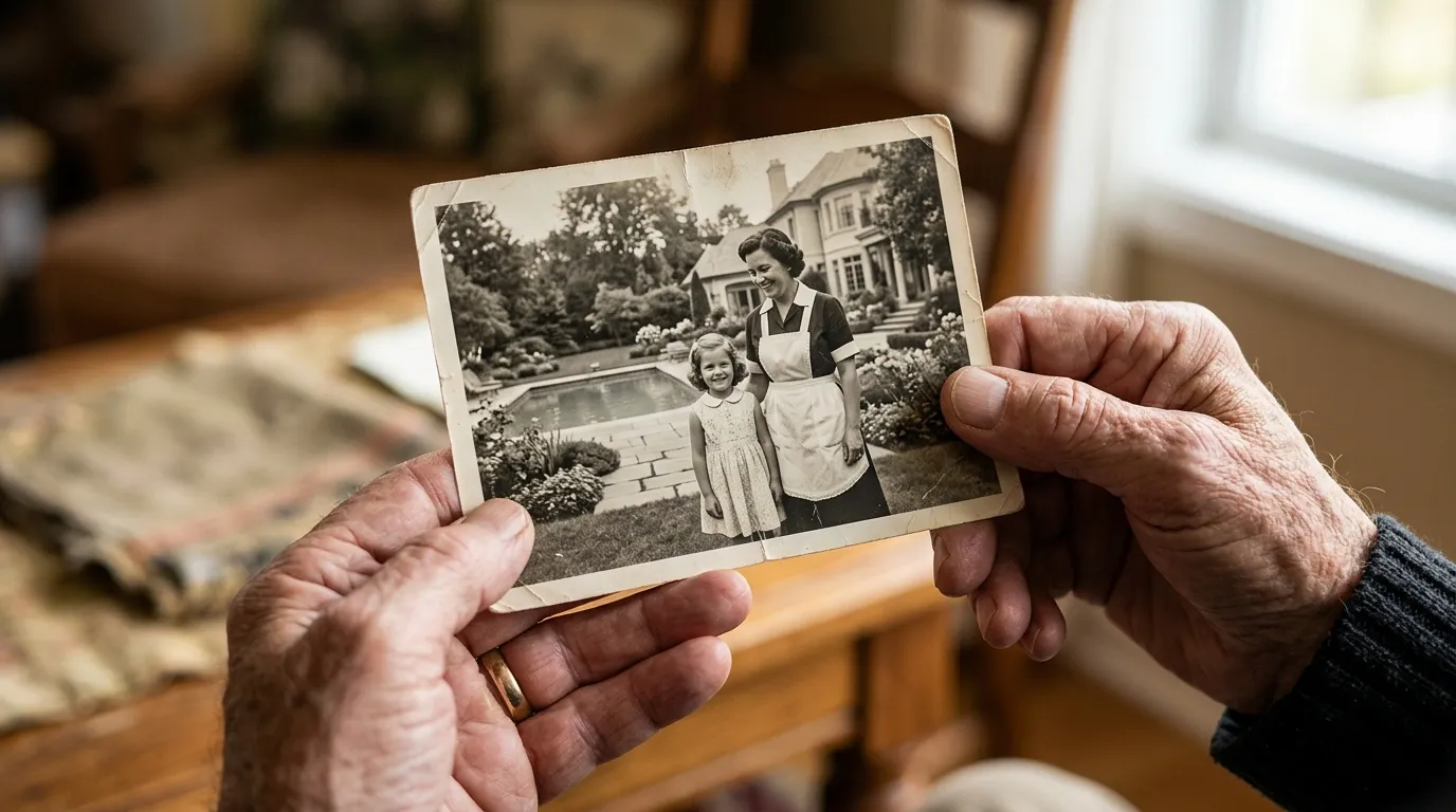 Hands holding a faded vintage photograph of a housekeeper and a young girl