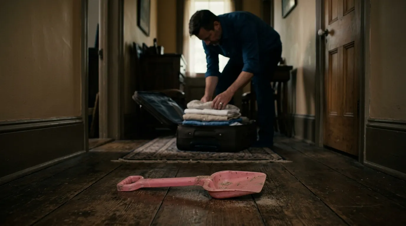 A faded pink plastic beach shovel lying on a wooden floor with a suitcase blurred in the background