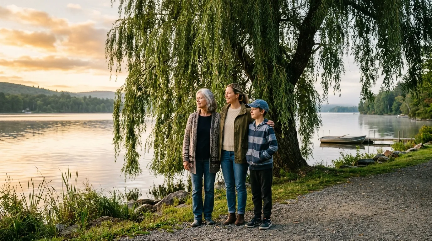 Two women and a young boy standing together beneath a willow tree by a peaceful lake