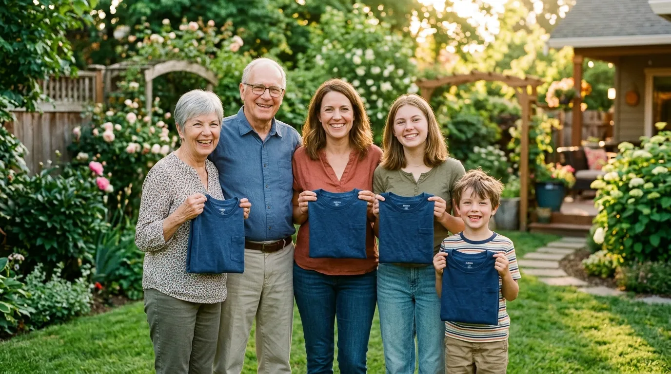 A mother, two kids, and grandparents smiling in a sunny backyard holding matching blue shirts