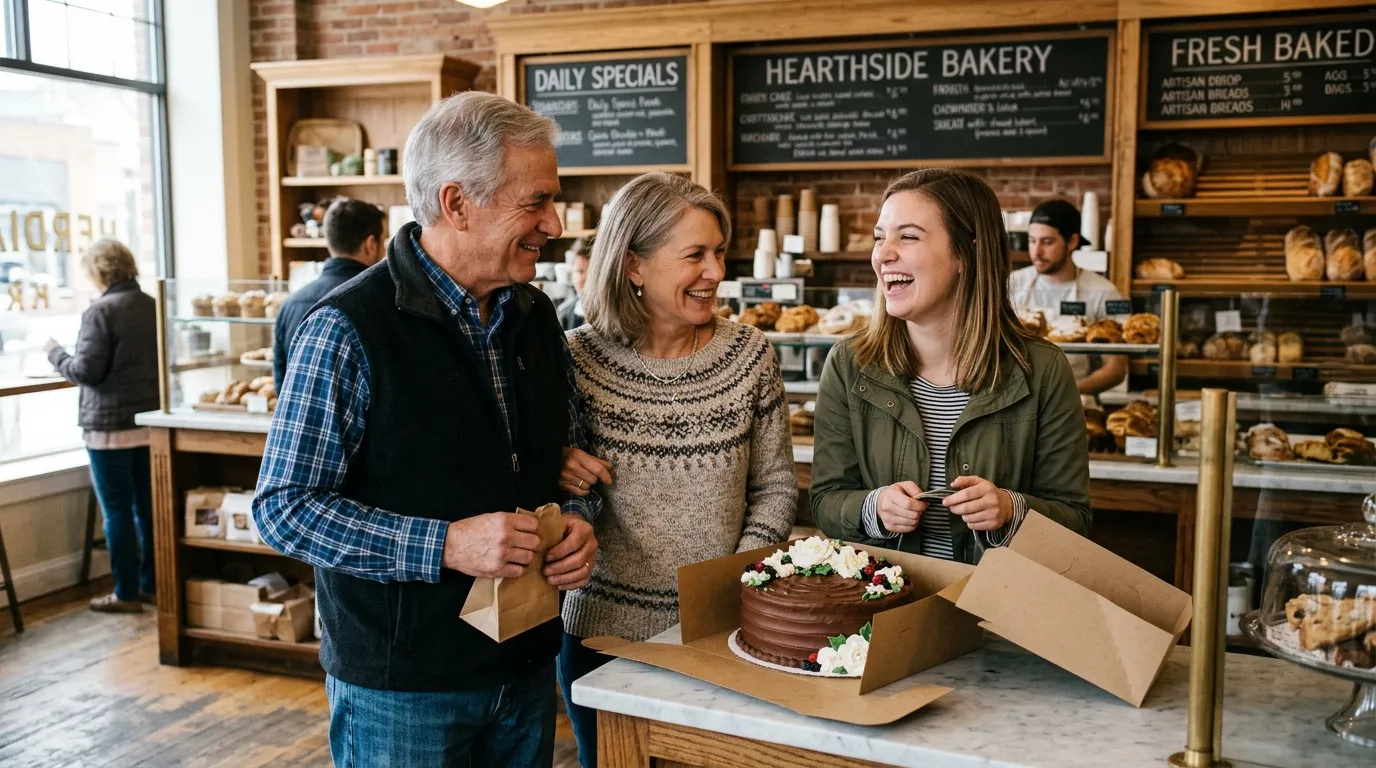 An older couple and their adult daughter standing together in a cozy bakery, laughing while buying a chocolate cake.