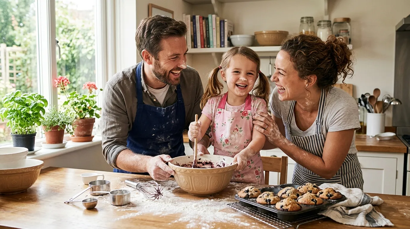 A father, stepmother, and little girl laughing in a messy kitchen while baking muffins together