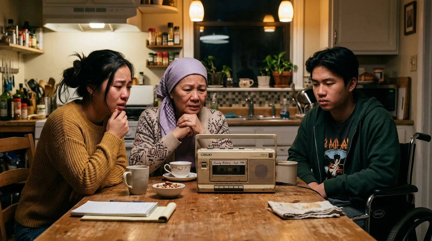 Lily, Mei, and Danny listening to the cassette tape