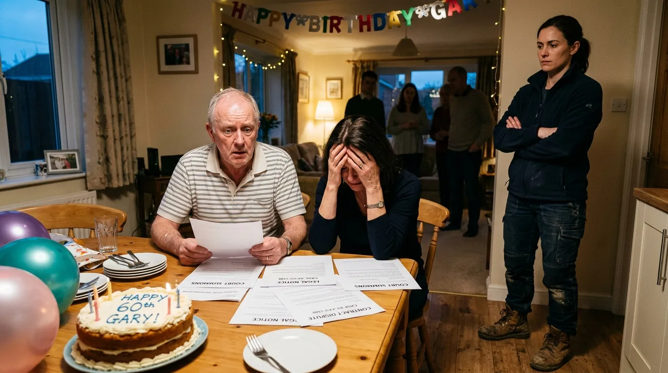 Gary and Linda looking shocked and guilty as legal documents are placed on the table