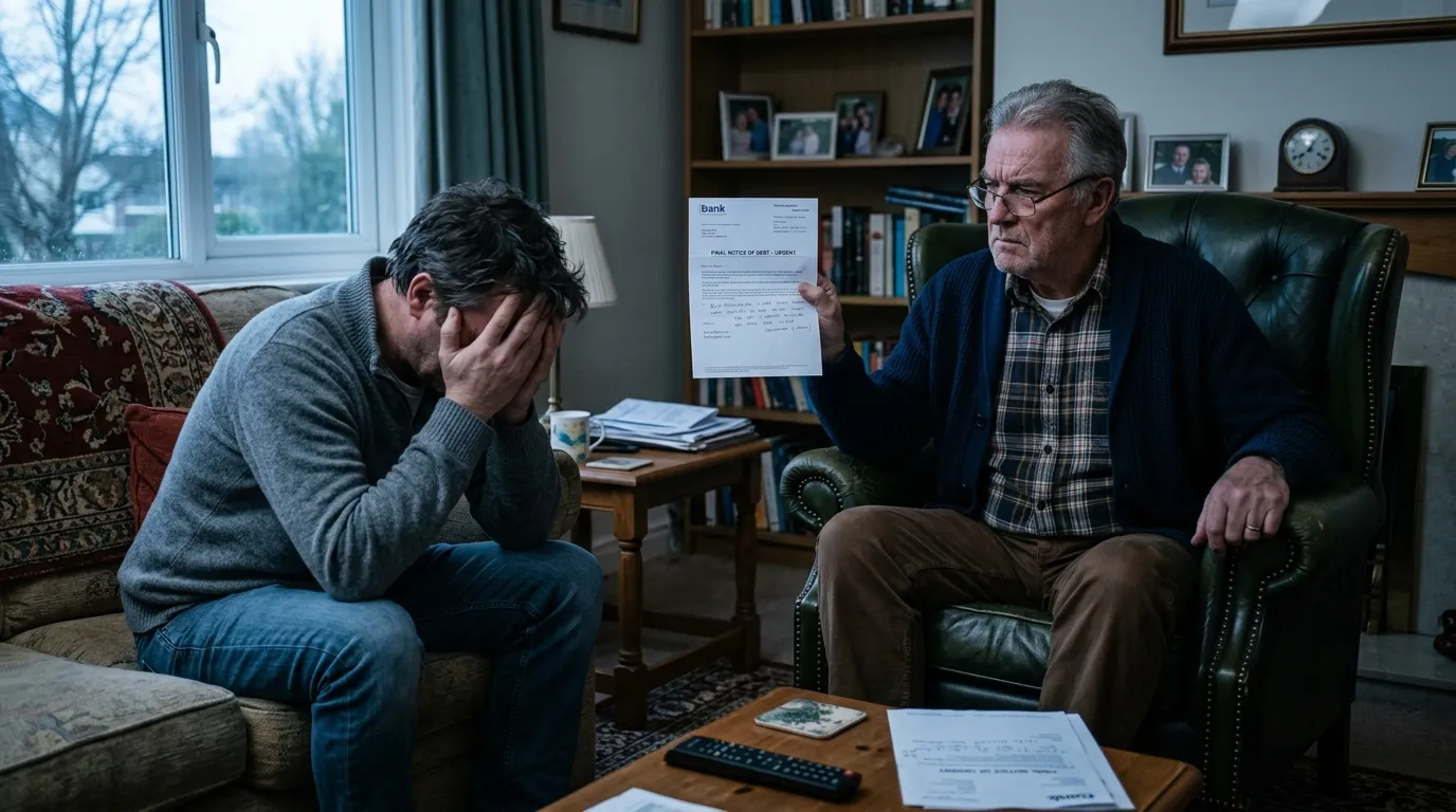An older man sternly showing documents to a highly stressed younger man in a living room