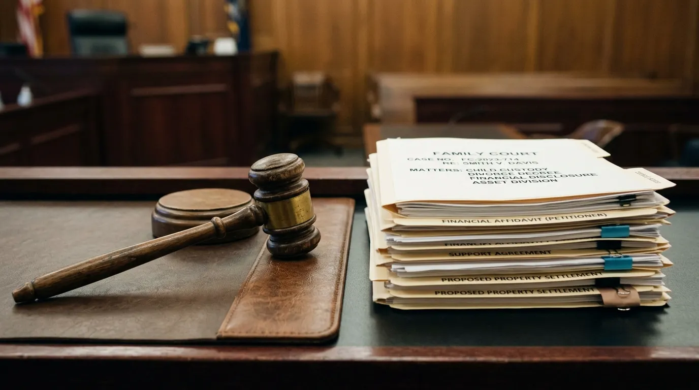 A judge's gavel next to a stack of legal documents