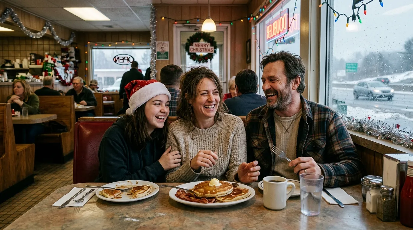 A father, mother, and teenage daughter squeezed into a vinyl diner booth eating pancakes on Christmas, looking exhausted but sharing a relieved moment.