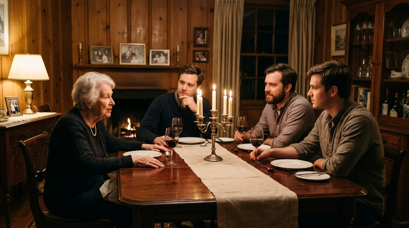 An elderly grandmother sitting at a dining table with her three adult grandsons.