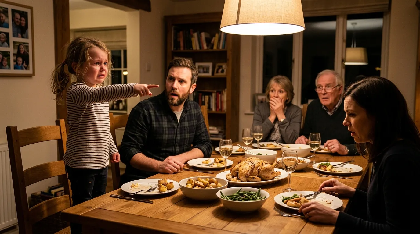 A four year old girl standing on her chair at a family dinner pointing across the table while adults look shocked