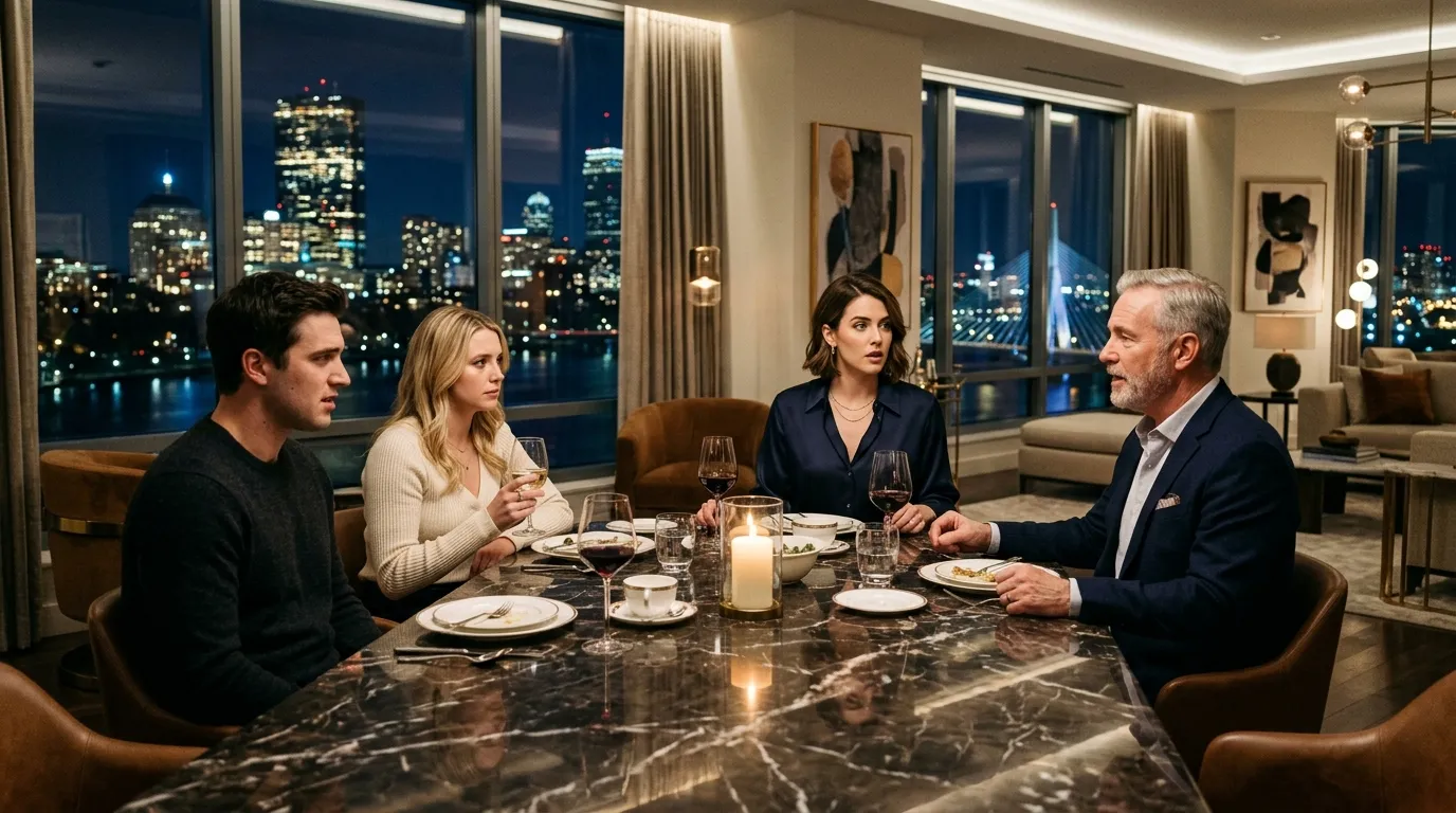A tense family dinner in a luxurious Boston penthouse with a woman, her father, her brother, and his fiancee sitting around a marble table.