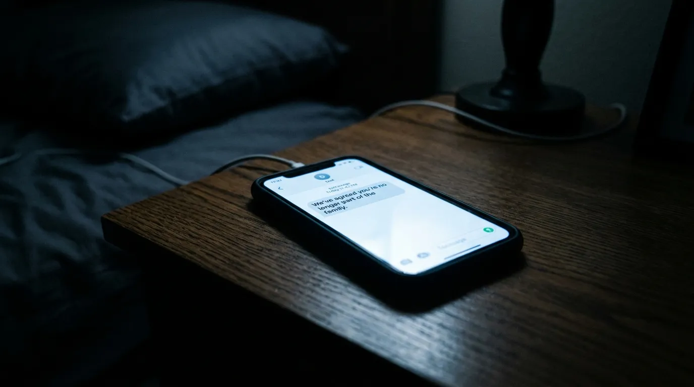 A glowing smartphone screen on a dark nightstand displaying a harsh text message notification