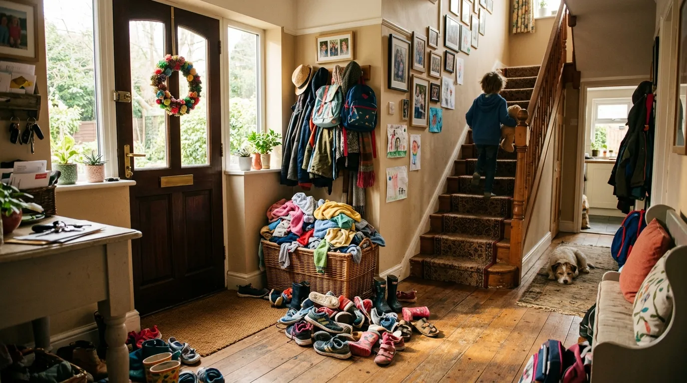 Sunlight illuminating a large pile of mismatched children's shoes by the front door