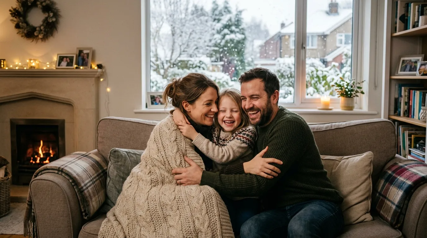 A heartwarming scene of a mother, father, and daughter hugging tightly on a cozy living room sofa while snow falls outside